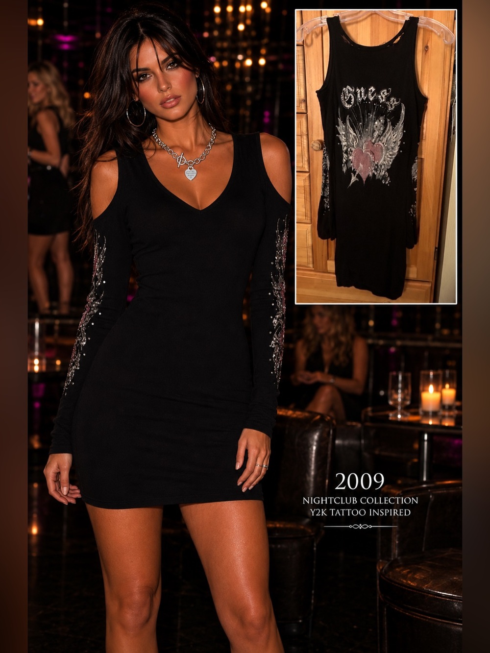 RARE✨GUESS | Y2K 2009 | S | Black | Cold Shoulder | Tattoo Graphic | Mini Dress
